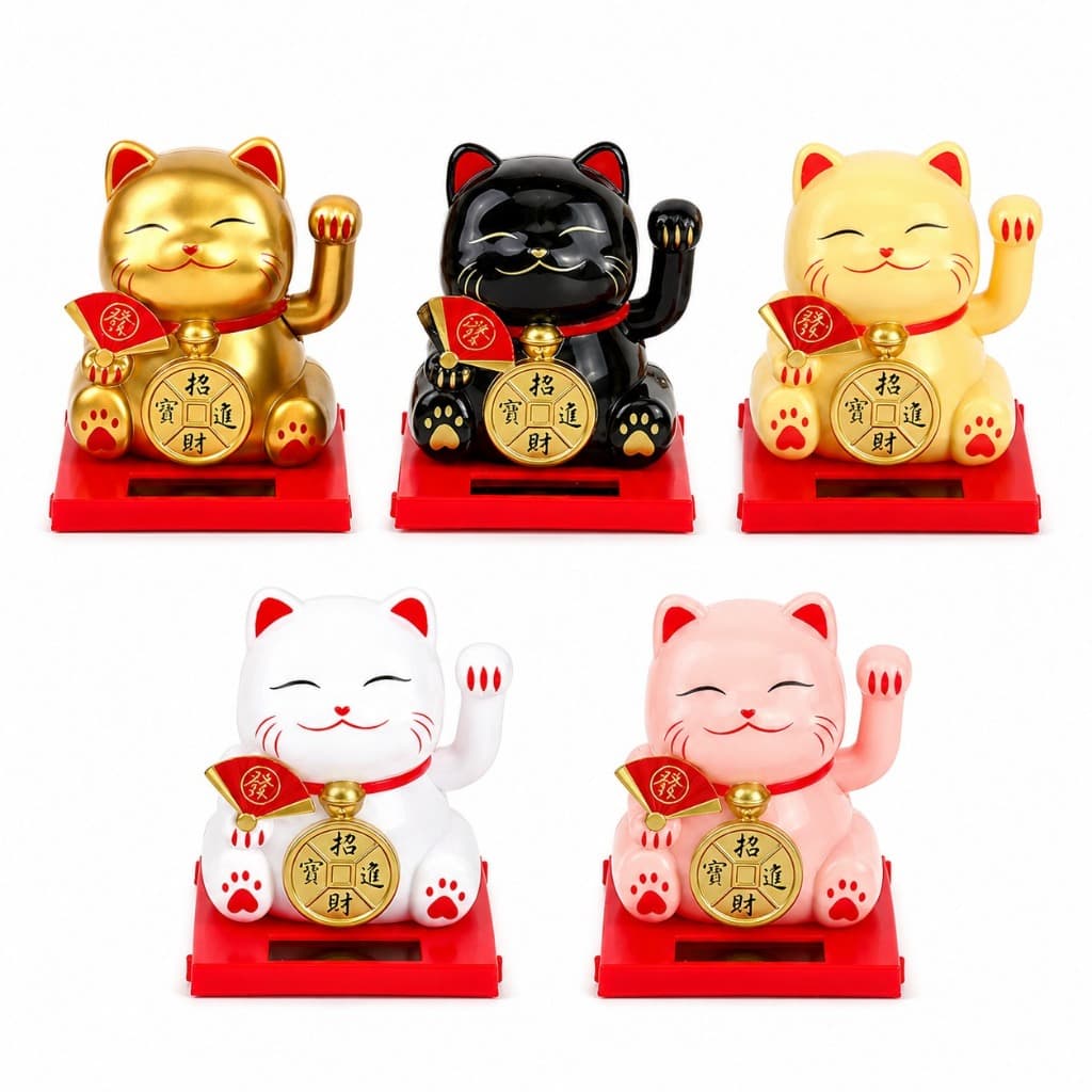 Gato da Sorte Maneki Neko Solar Acenando Decoração Prosperidade Feng Shui