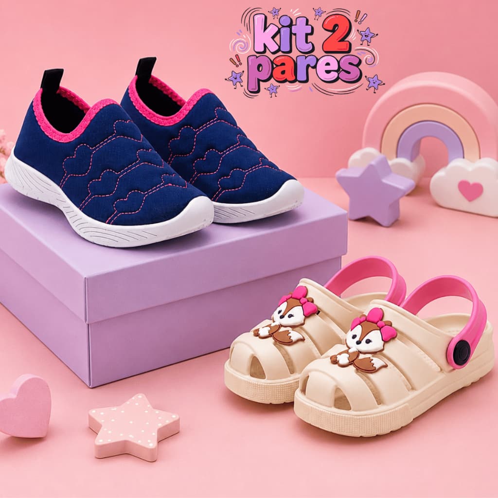 Kit Tênis Infantil Escolar Feminino + Babuche Menina Confortável e Anatômico