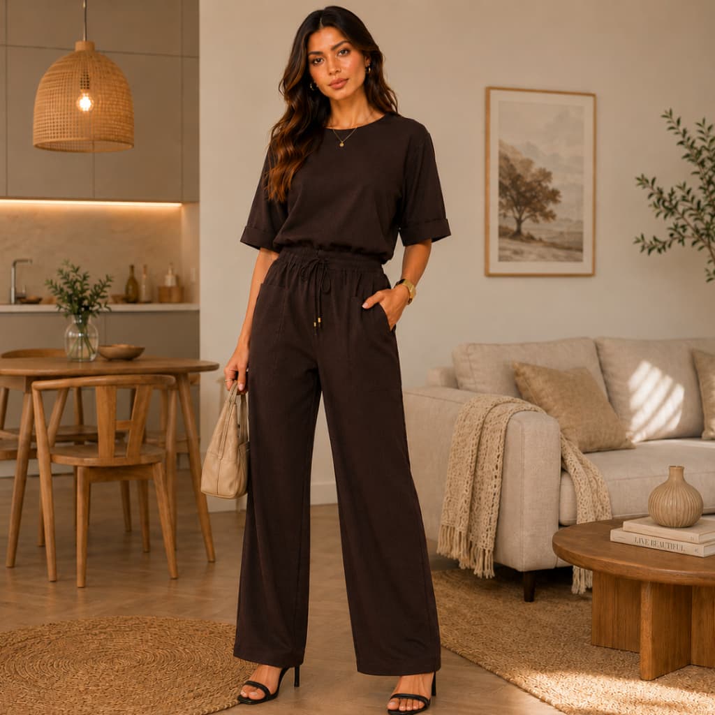 Conjunto feminino casual elegante formal  em linho + calça pantalona e Blusa confortável / conjunto feminino social