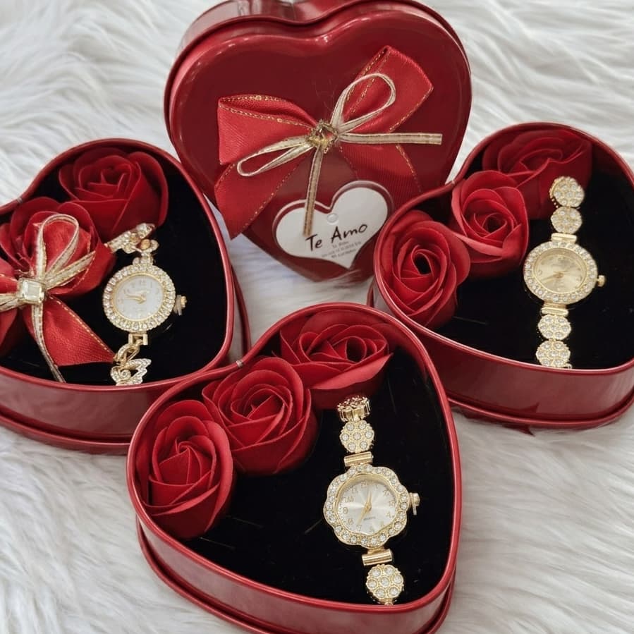 Relógio Feminino Com Caixa de Presente Coração Rosas Dia dos Namorados Porta Joias Luxo Romântico