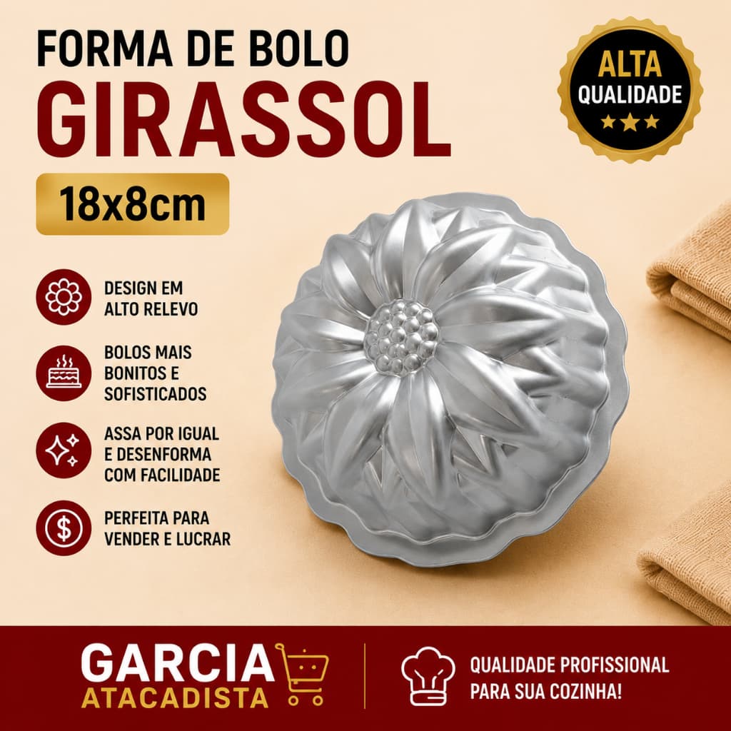Forma de Bolo Decorado Girassol 18x8cm Extra Grande em Alumínio Profissional