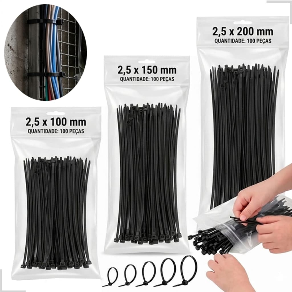 Kit 300 Abraçadeira Nylon Fita Cinta Plástica 3 Tamanhos 100mm 150mm 200mm Lacre Enforca Gato