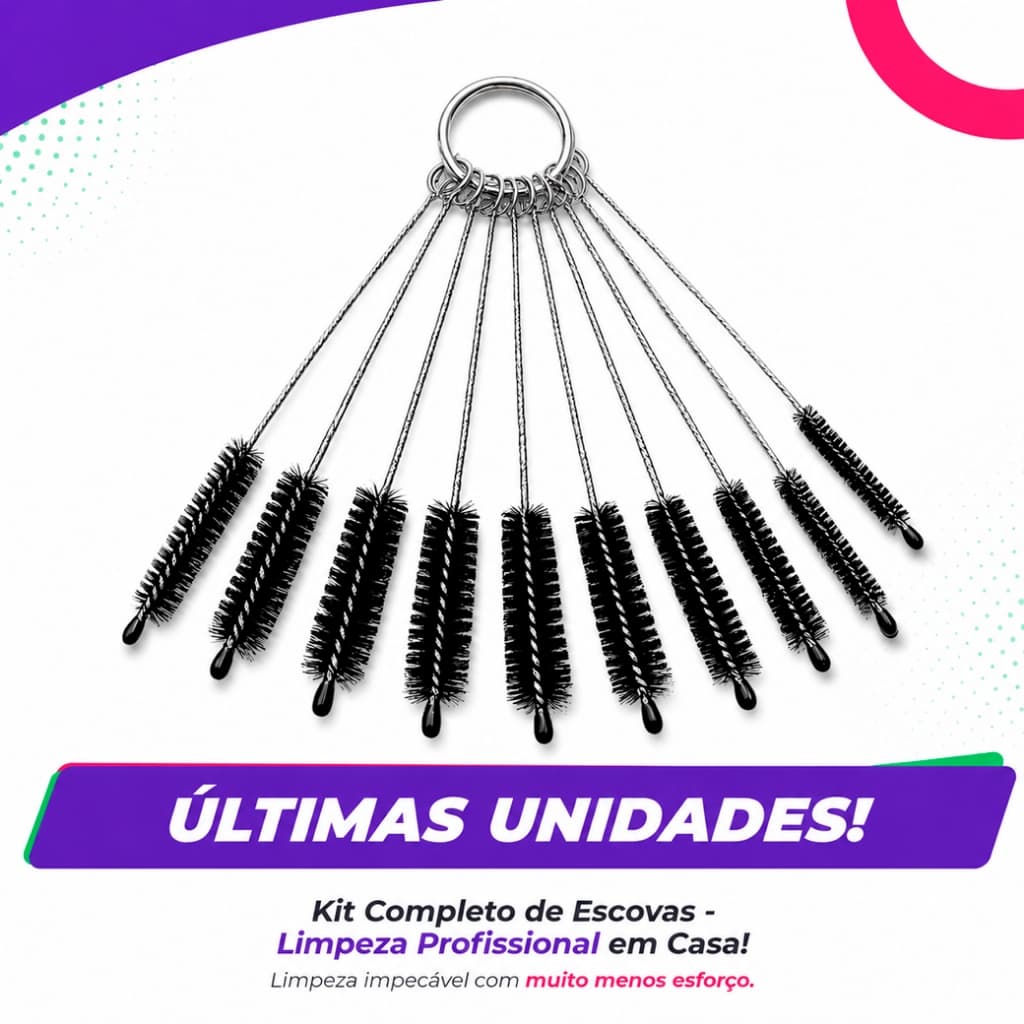 KIT 10 ESCOVAS DE NYLON — Limpeza Profunda em Canudos e Garrafas 🧽 | Aço Inoxidável Antiferrugem | Variedade de Tamanhos