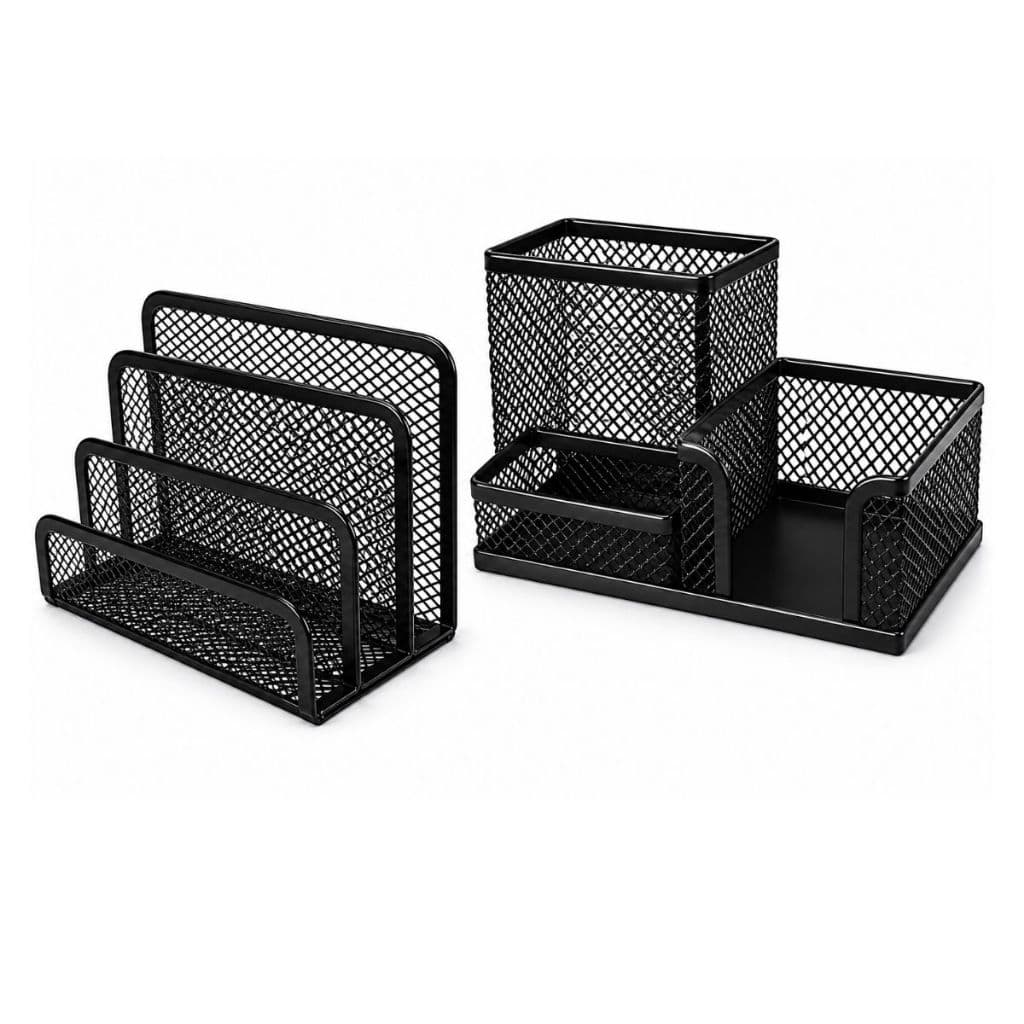 Kit Organizador de Mesa Escritório Preto Metal Porta Documentos e Porta Canetas 2 Unidades
