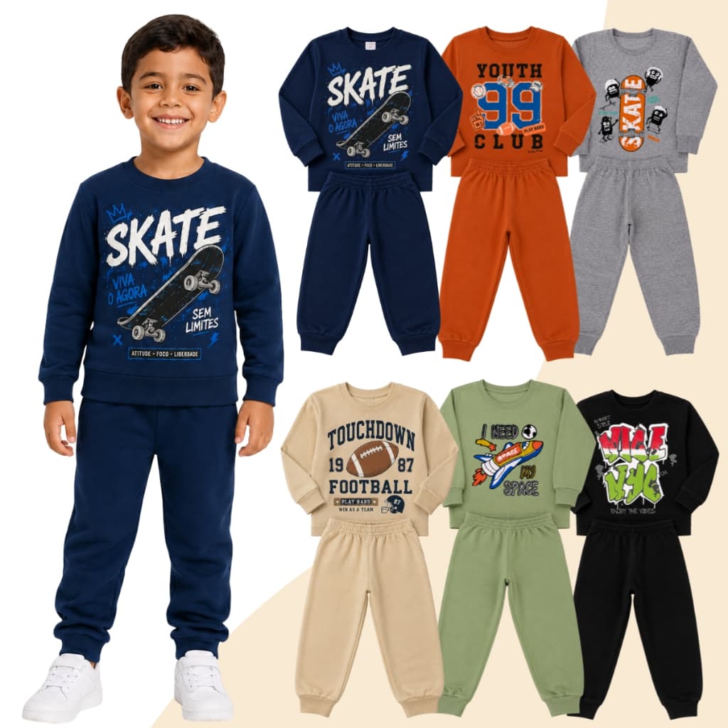 Kit Sortido 6 Peças 3 Casacos Moletom Careca + 3 Calças Infantil Masculino/Menino 3 Conjuntos 1 ao 8