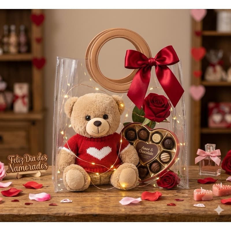 Urso de Pelúcia com Roupa de Lã Coração dia dos Namorados Presente Decoração Premim Romance