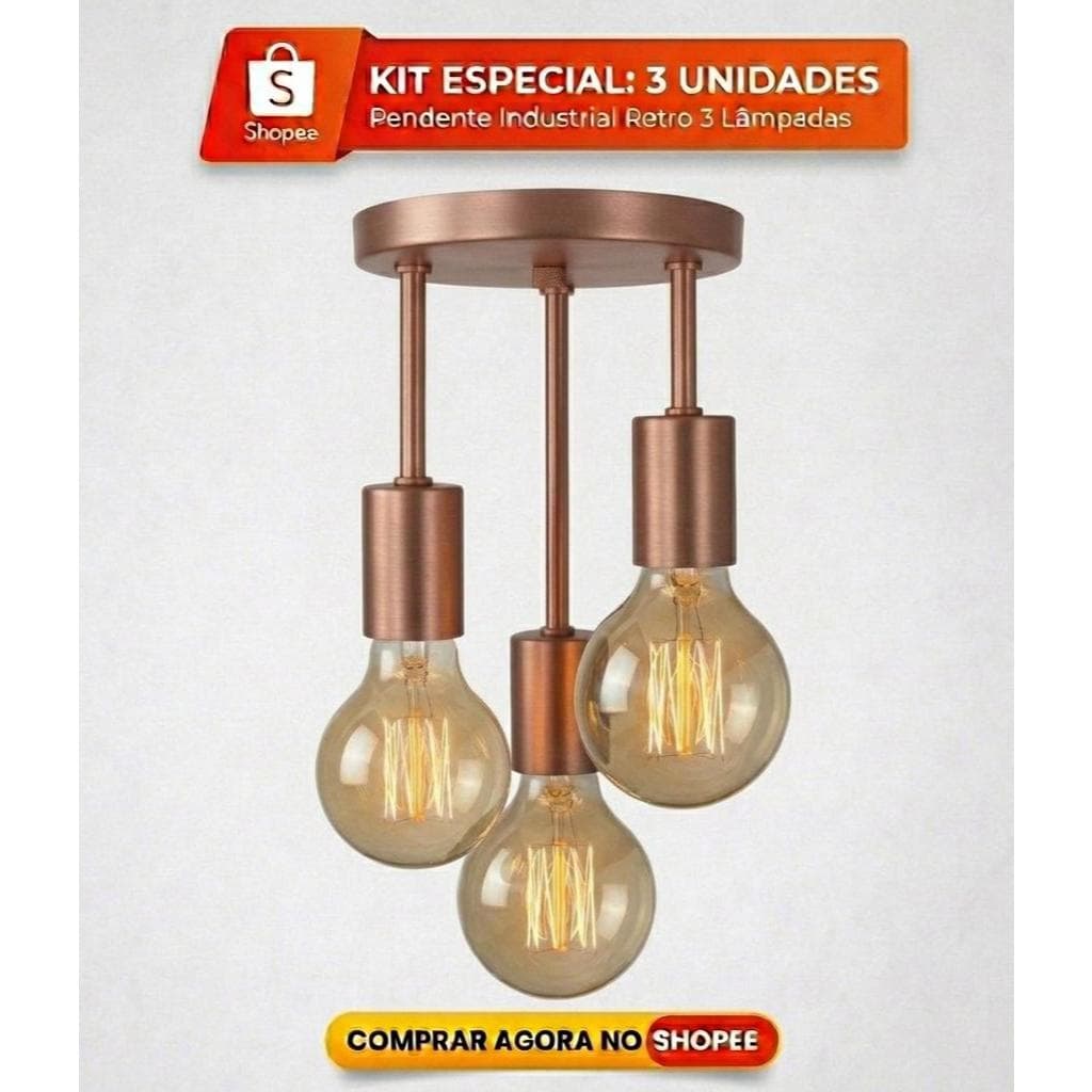 x3 Lustre Luminária Plafon Retrô Industrial Triplo Sobrepor Teto Moderno