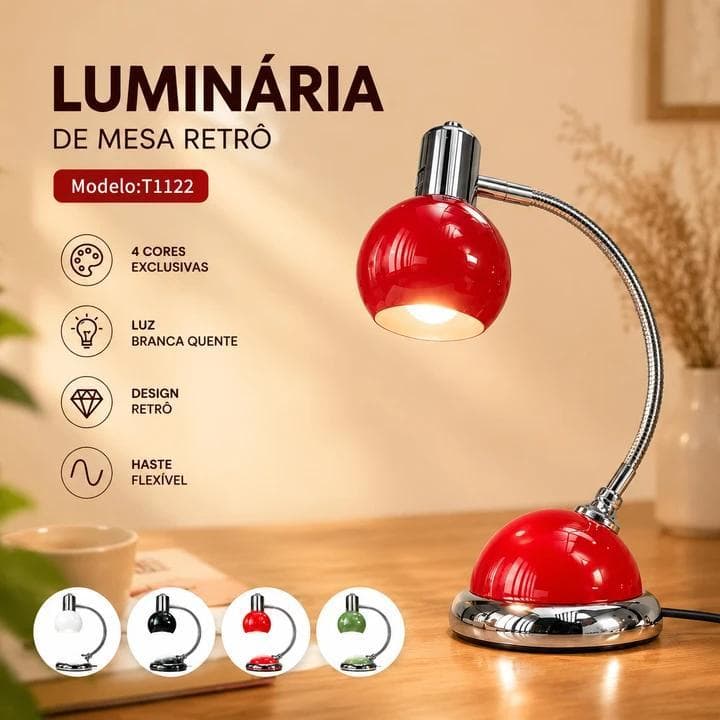 Luminária Mesa Retrô LED Bivolt 5.5W Haste Flexível 3 Cores Luz Abajur Vintage Decoração Leitura Quarto Escritório Sala