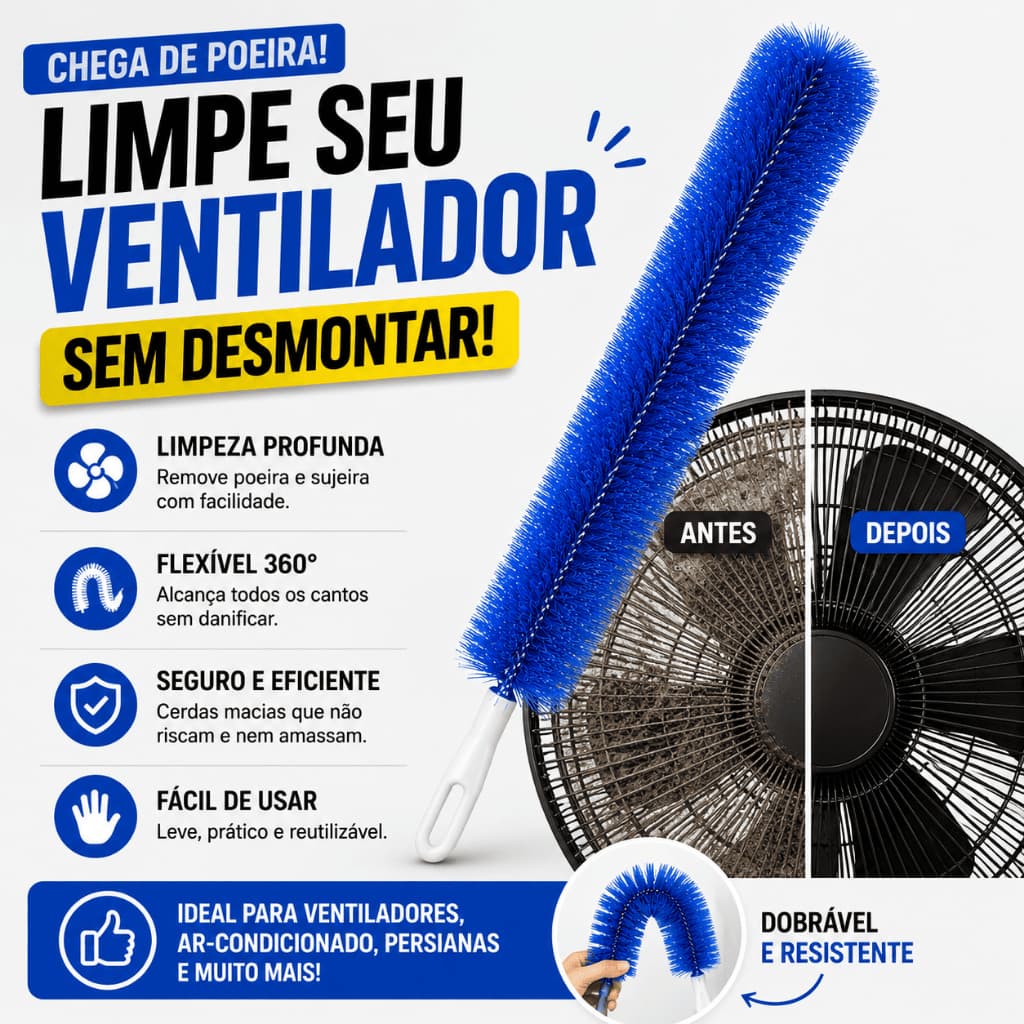 Escova Flexível Limpeza Ventilador Remove Poeira Sem Desmontar Microfibra Dobrável