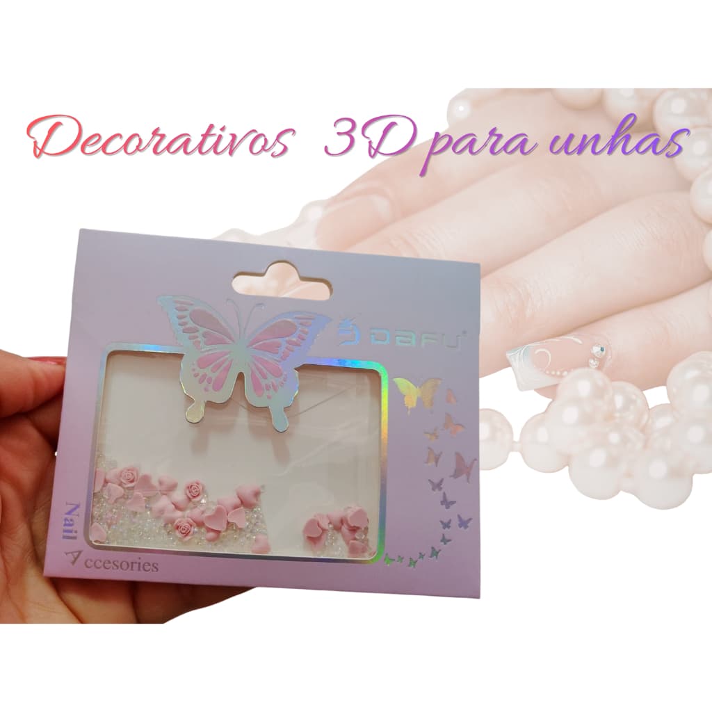 KIT DECORAÇÃO DE UNHAS 3D DE FLORES ROSAS , CORAÇÕES, STRASS