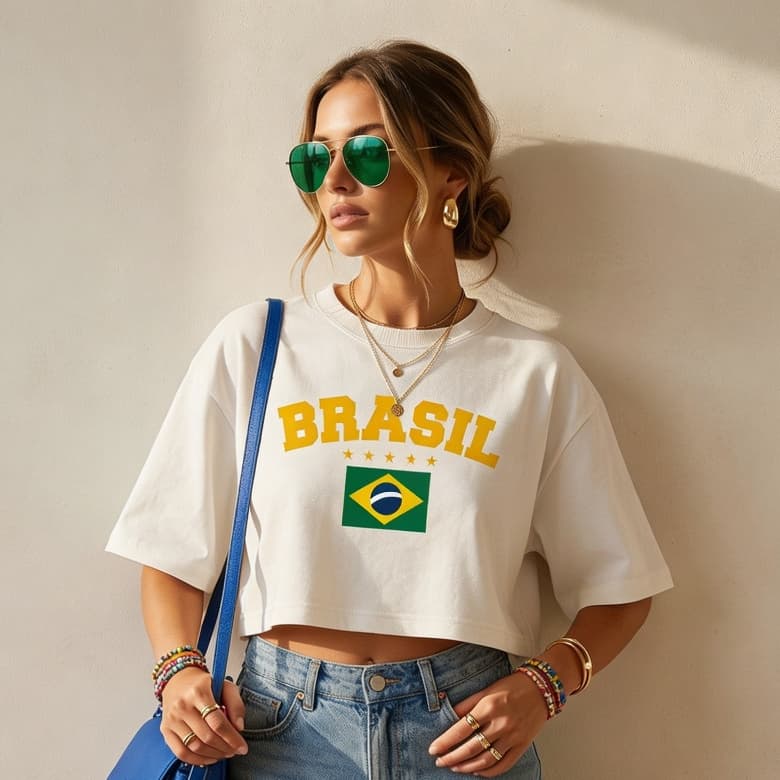 Blusa Cropped Feminina Brasil Larguinho Oversized T-Shirt Básica Algodão