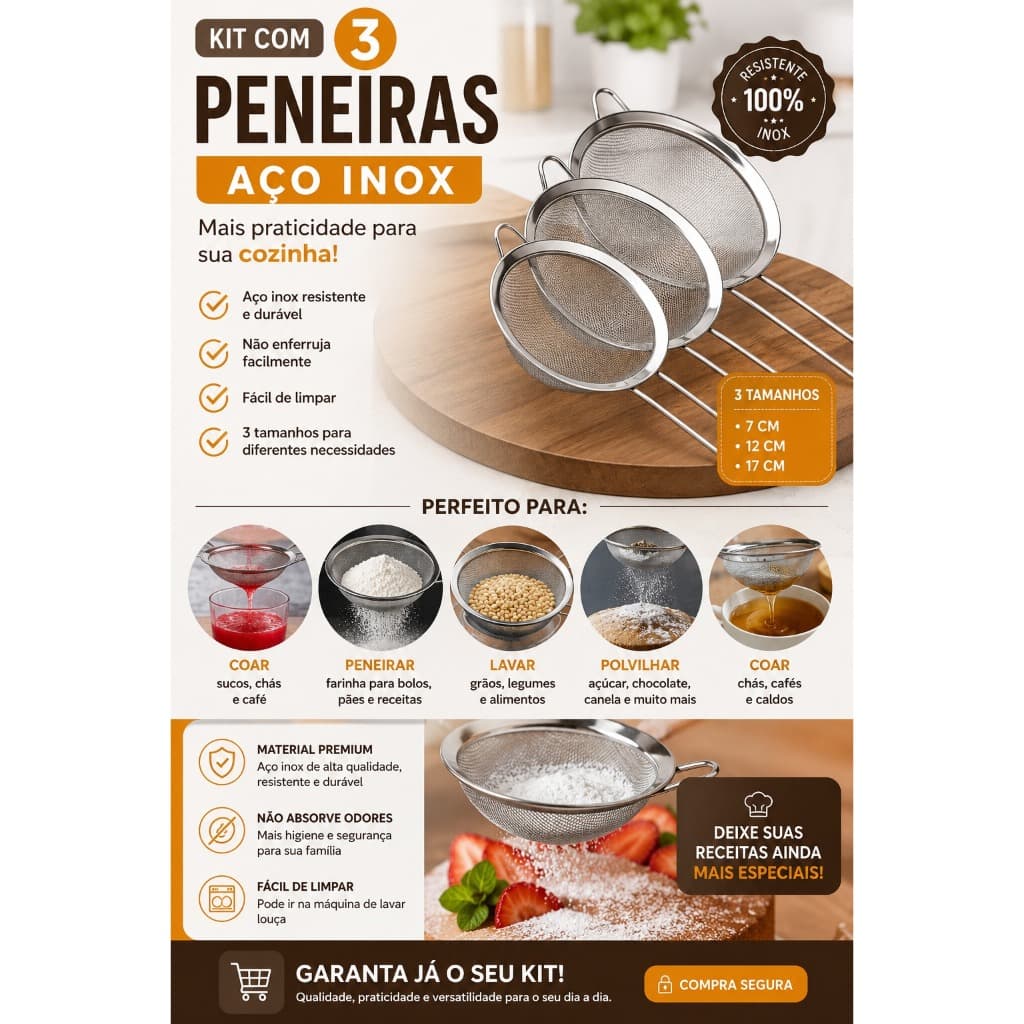 Kit 3 Peneiras Aço Inox Utensílio De Cozinha Polvilhar Coar