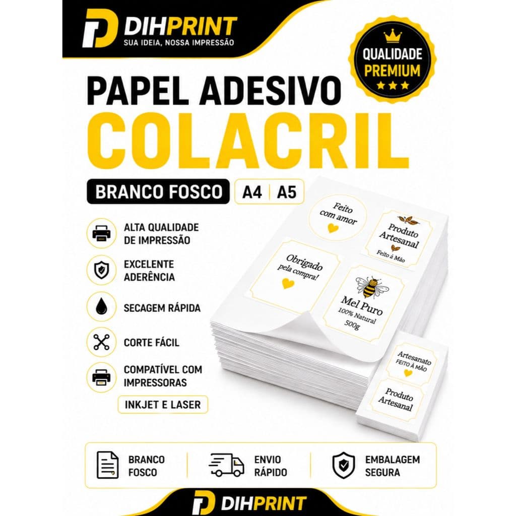 Papel Adesivo Colacril Branco Fosco A4 / A5 – Alta Qualidade para Impressão Inkjet e Laser