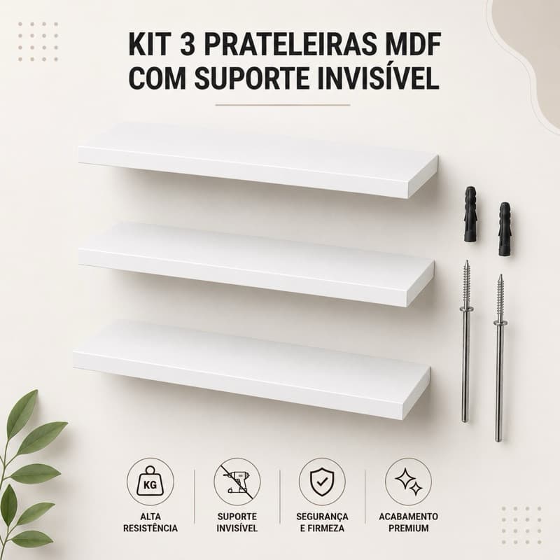 kit 3 prateleiras MDF com suporte invisível