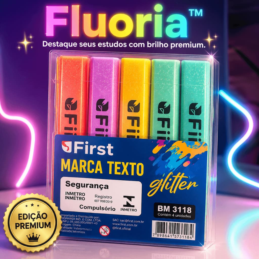 Fluoria™ Kit 4 Marca Texto Neon Glitter Fluorescente Secagem Rápida Escolar Planner