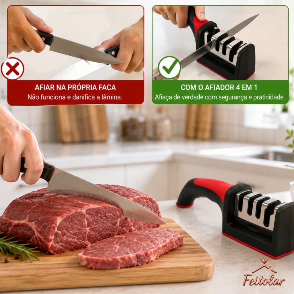 Afiador Molador  de Facas Tesouras Profissional 4 em 1 Aço Inox Base Antiderrapante