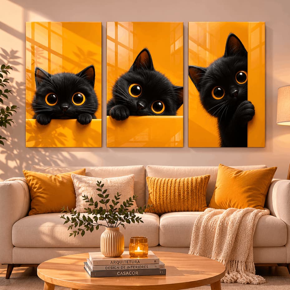 Kit 3 Quadros Decorativos Gatinho Preto Fofo Olhos Grandes Laranja Cute Sala Quarto MDF
