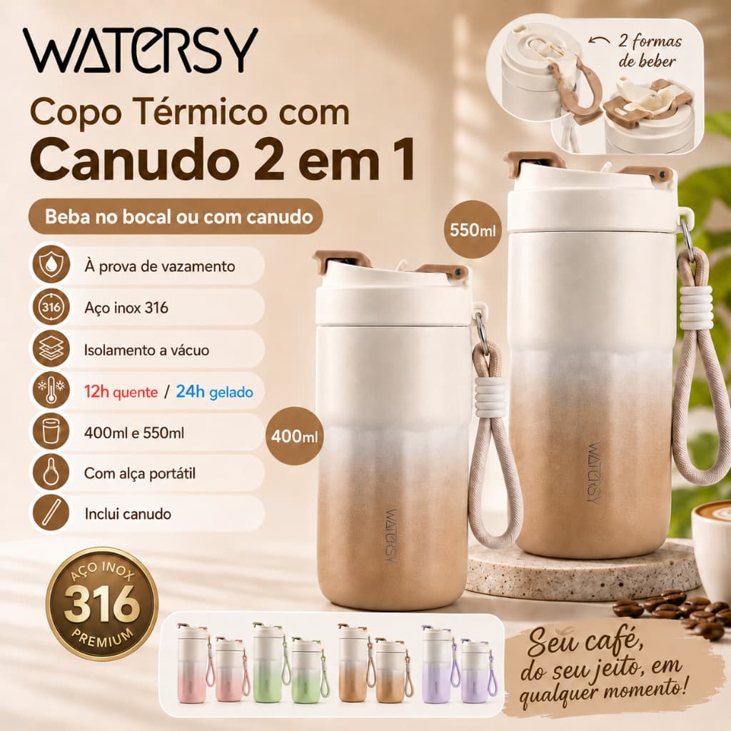 WATERSY Copo térmico de aço inoxidável, copo para café, 550ml, elegante e portátil para esportes.