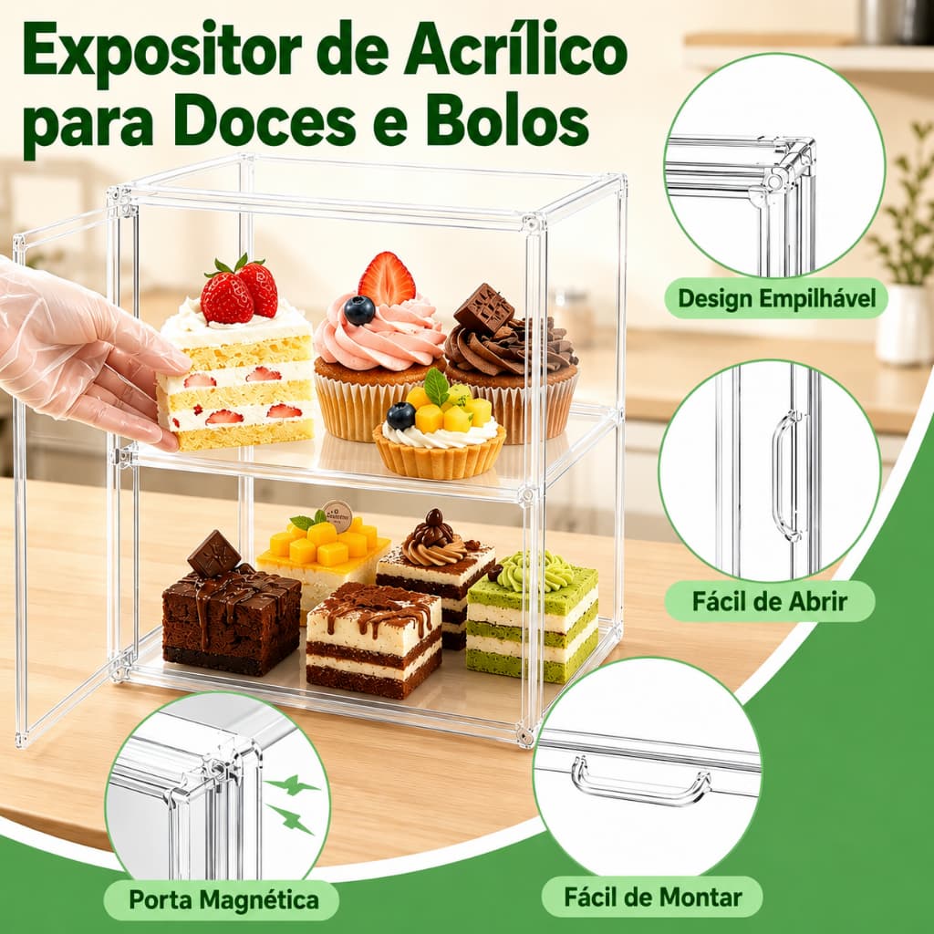 Caixa de Exibição Acrílica para Torradas com Suporte Ajustável Tampa Magnética e Proteção