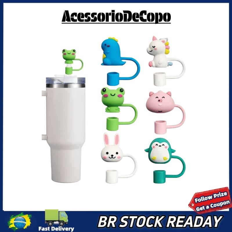 ✅[BR Seller]Kit 6 Protetor de Canudo em Silicone Animais Fofos 6 Modelos Diferentes