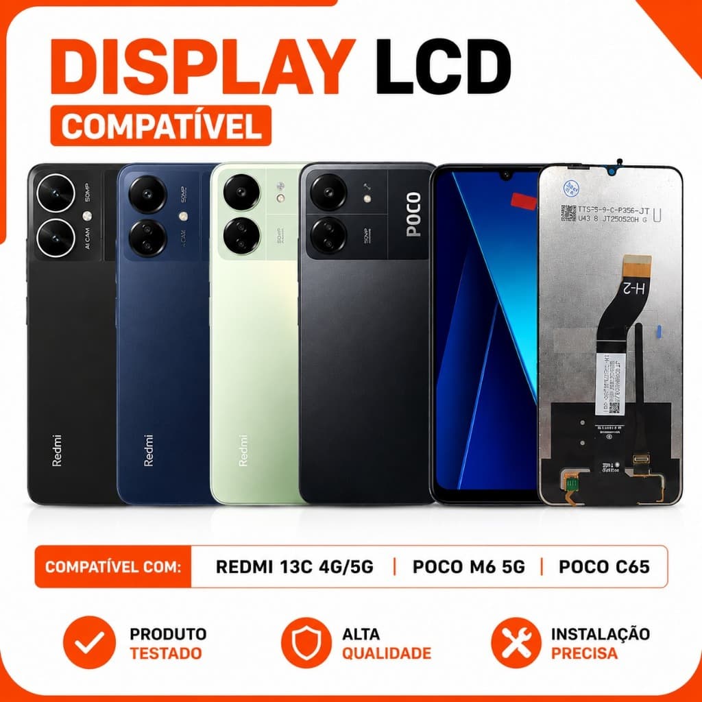 Frontal Redmi 13C 4G/5G / Poco M6 5G / Poco C65 Display Tela LCD IPS Original Vivid Sem Aro