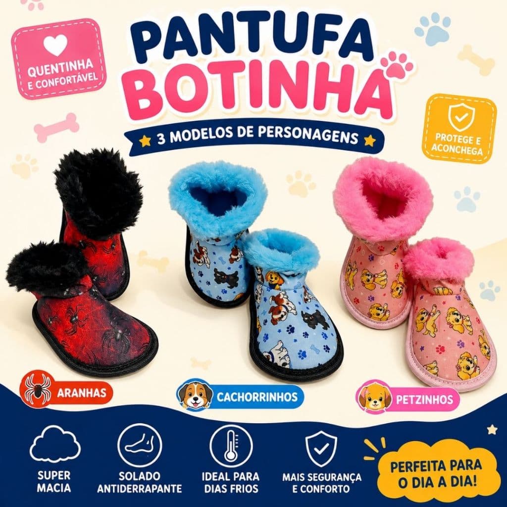 Pantufa Botinha Infantil e Adulto Personagens Peluciada Forrada com Lã Solado Antiderrapante Para Dia A Dia