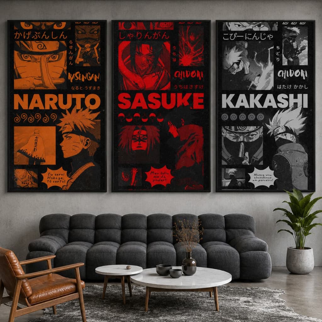 Quadro Decorativo 3 Peças Naruto Sasuke Kakashi Anime Heróis Fã Sala Quarto Hall Otaku Boruto