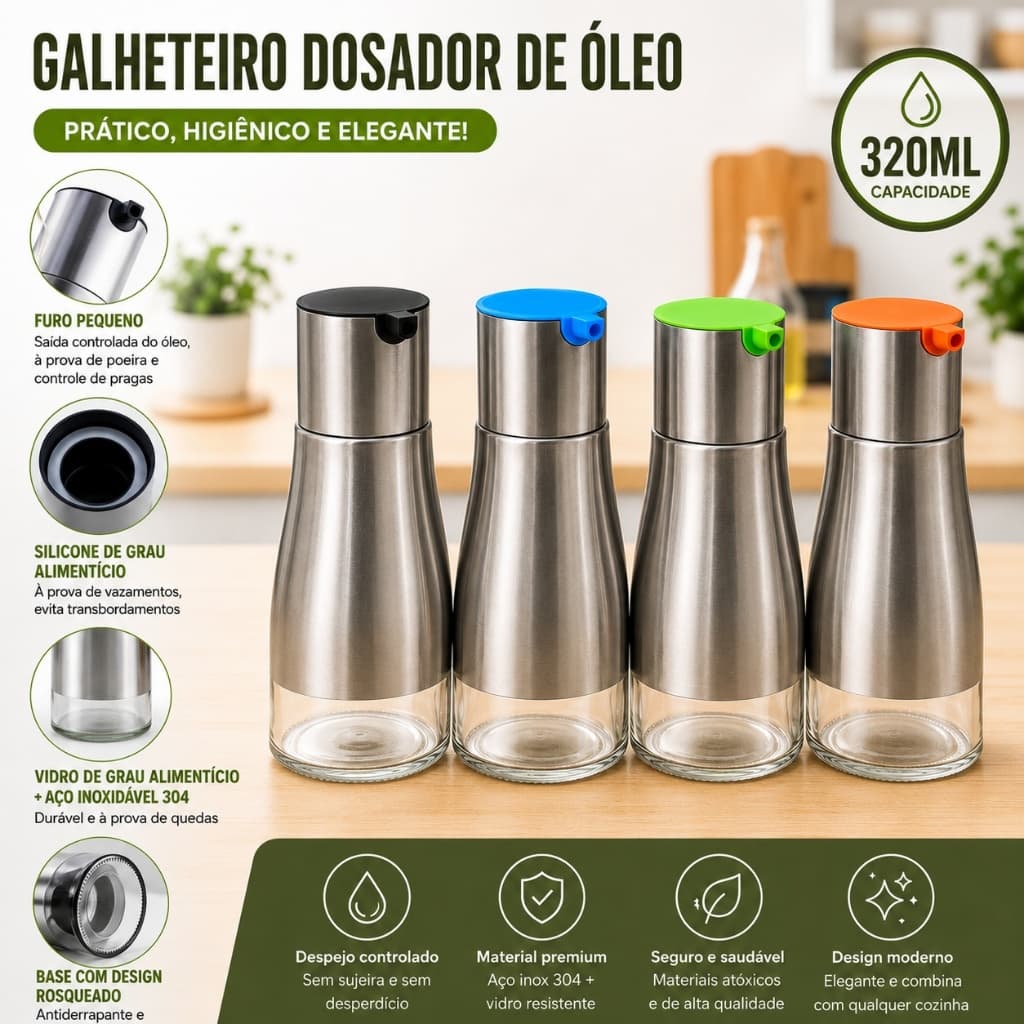 Galheteiro Inox Vidro Porta Azeite Vinagre Para Cozinha Luxo 320ml Premium Metal
