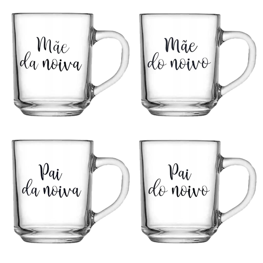 Kit De 4 Xicaras Caneca De Vidro De 230ml Para Casamento Mãe Da Noiva Mãe Do Noivo Pai Da Noia E Pai Do Noivo