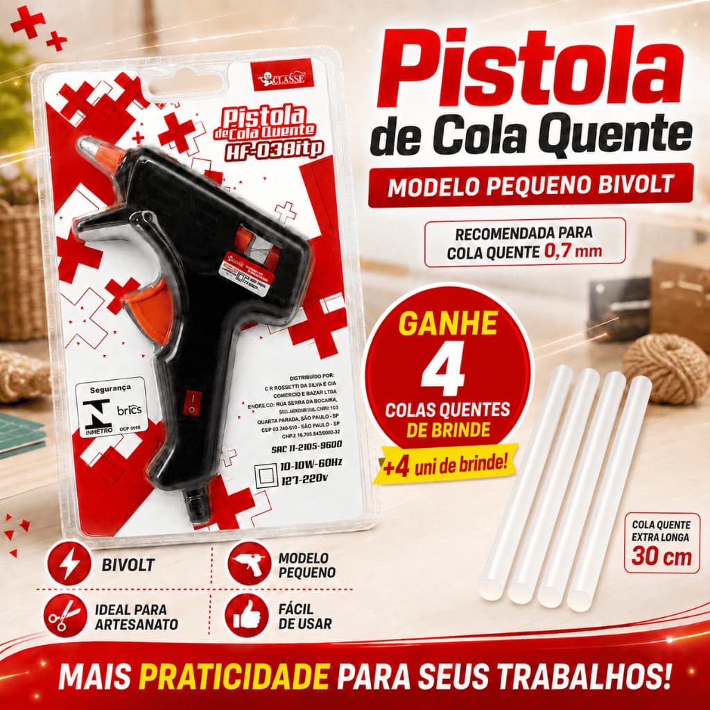 Kit Profissional Pistola Cola Quente Pequena Bivolt 0,7mm + 4 Unidades de cola quente Brinde