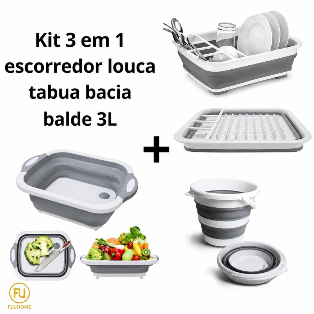 KIT 3 EM 1 ESCORREDOR DE LOUÇAS RETRÁTIL TÁBUA BACIA RETRÁTIL SILICONE BALDE DE SILICONE 3 LITROS