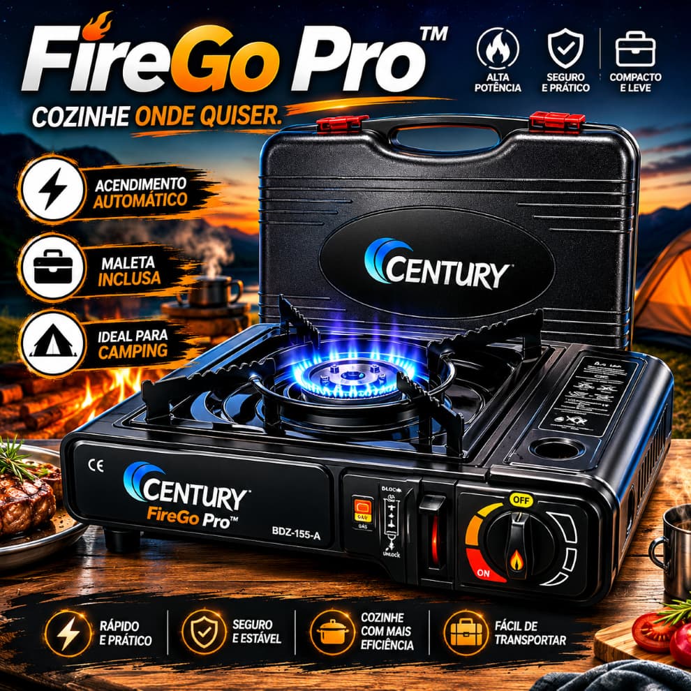 Fogareiro Portátil A Gás Camping Com Maleta Acendimento Automático Century FireGo Pro