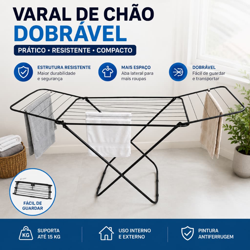 Varal de Chão Dobrável com Abas Aço Reforçado Preto Grande para Roupas DEKO