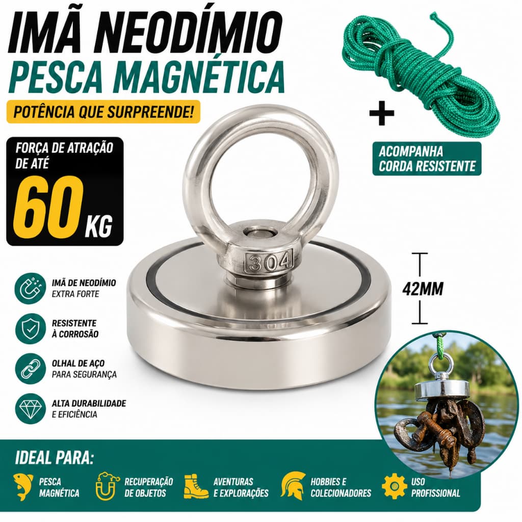 Imã Neodímio Para Pesca Magnetica 42mm Até 60 Kg Ima Neodimio