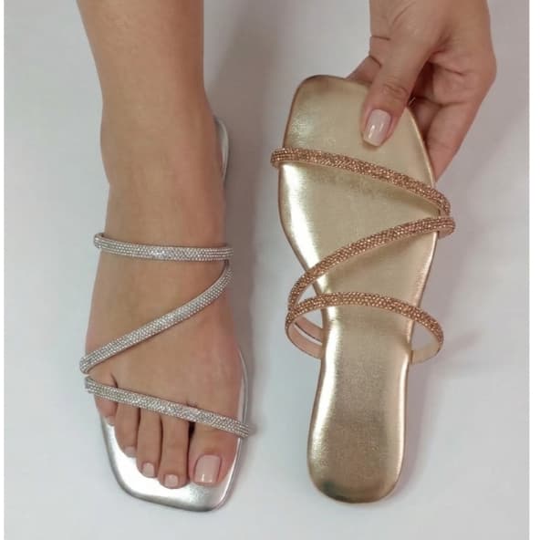 Sandália Feminina rasteirinha com brilho Rasteirinha com Strass Rasteirinha dourada confortável