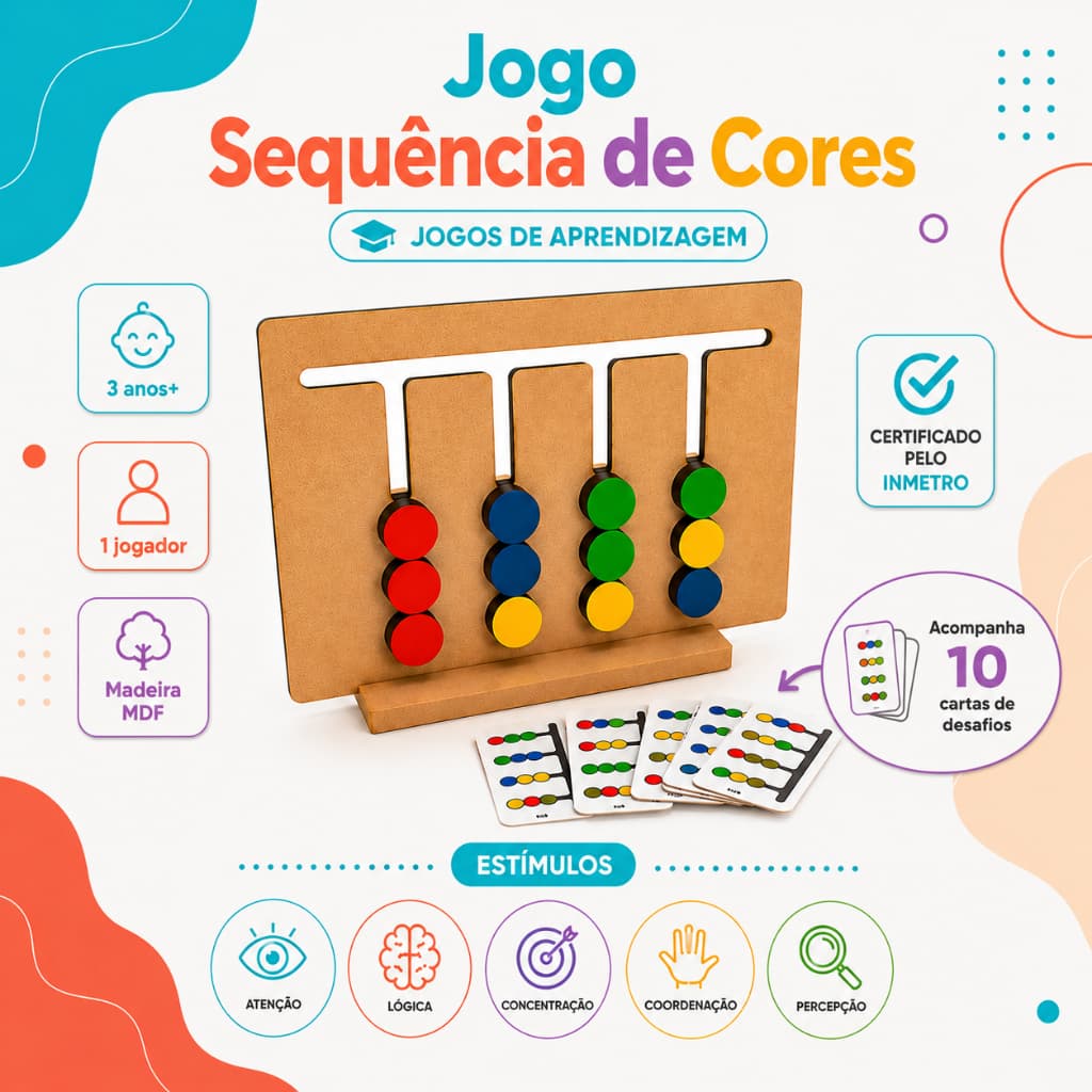 Jogo Sequência de Cores Brinquedo Educativo Desafios Psicomotores Interativos Pedagógico Madeira