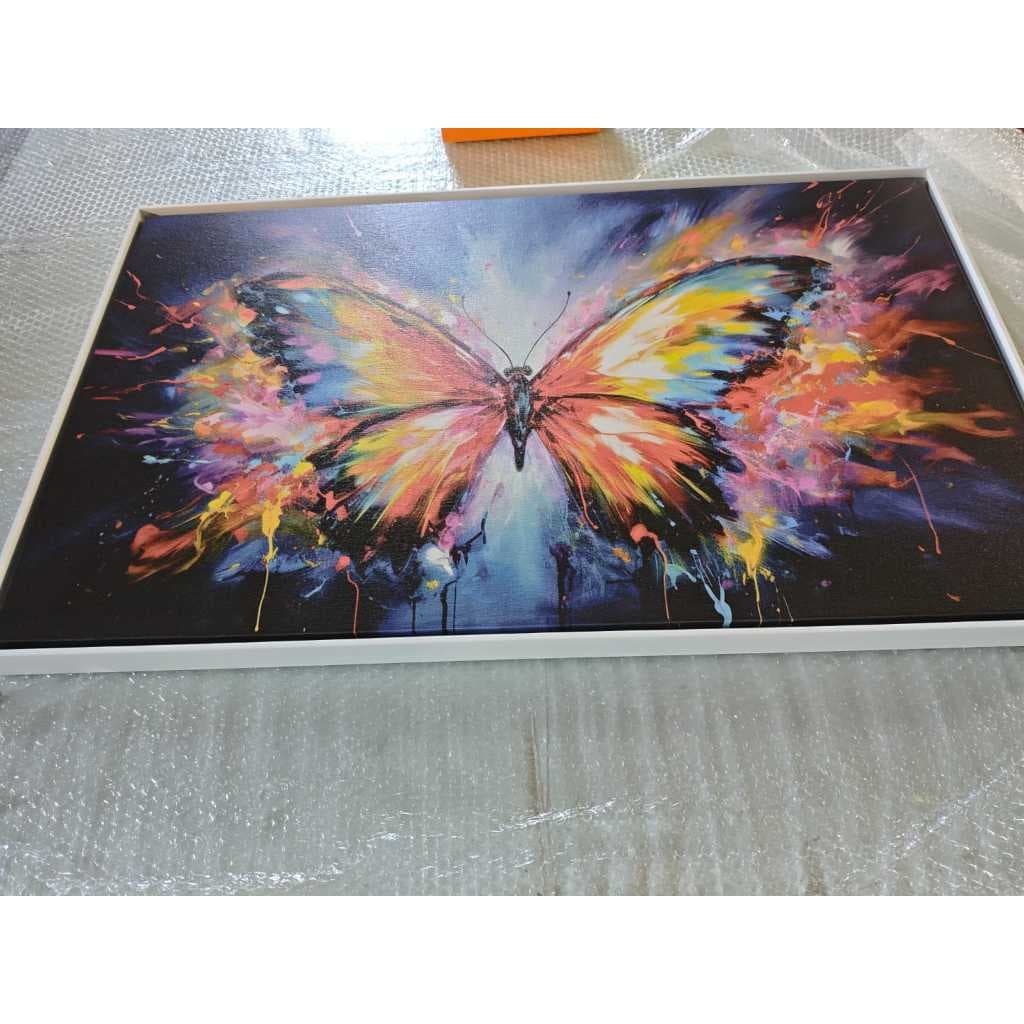 Quadro Decorativo Canvas Tela Material Premium Abstrato Borboleta Com Moldura Branca Tamanho Grande Gg