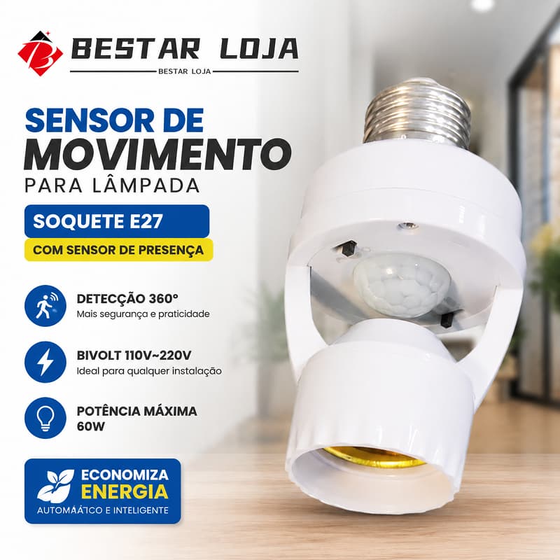 BESTAR LOJA Sensor de Movimento para lâmpada Soquete E27 c/ sensor de presença Bivolt 110V~220V Max 60W