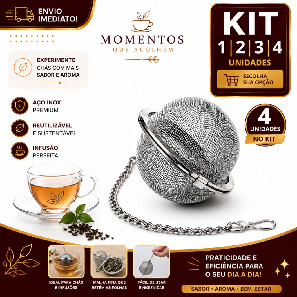 Infusor de Chá Inox Reutilizável 1/2/3/4 Filtro para Ervas Chá Gourmet Aço Inoxidável com Corrente