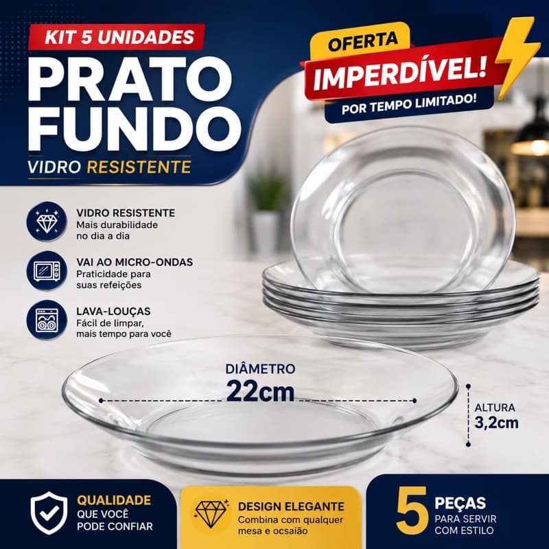 Jogo Kit 5 Pratos de Vidro Fundo 23cm Prato Vidro Refeição Liso Fundo Transparente Resistente