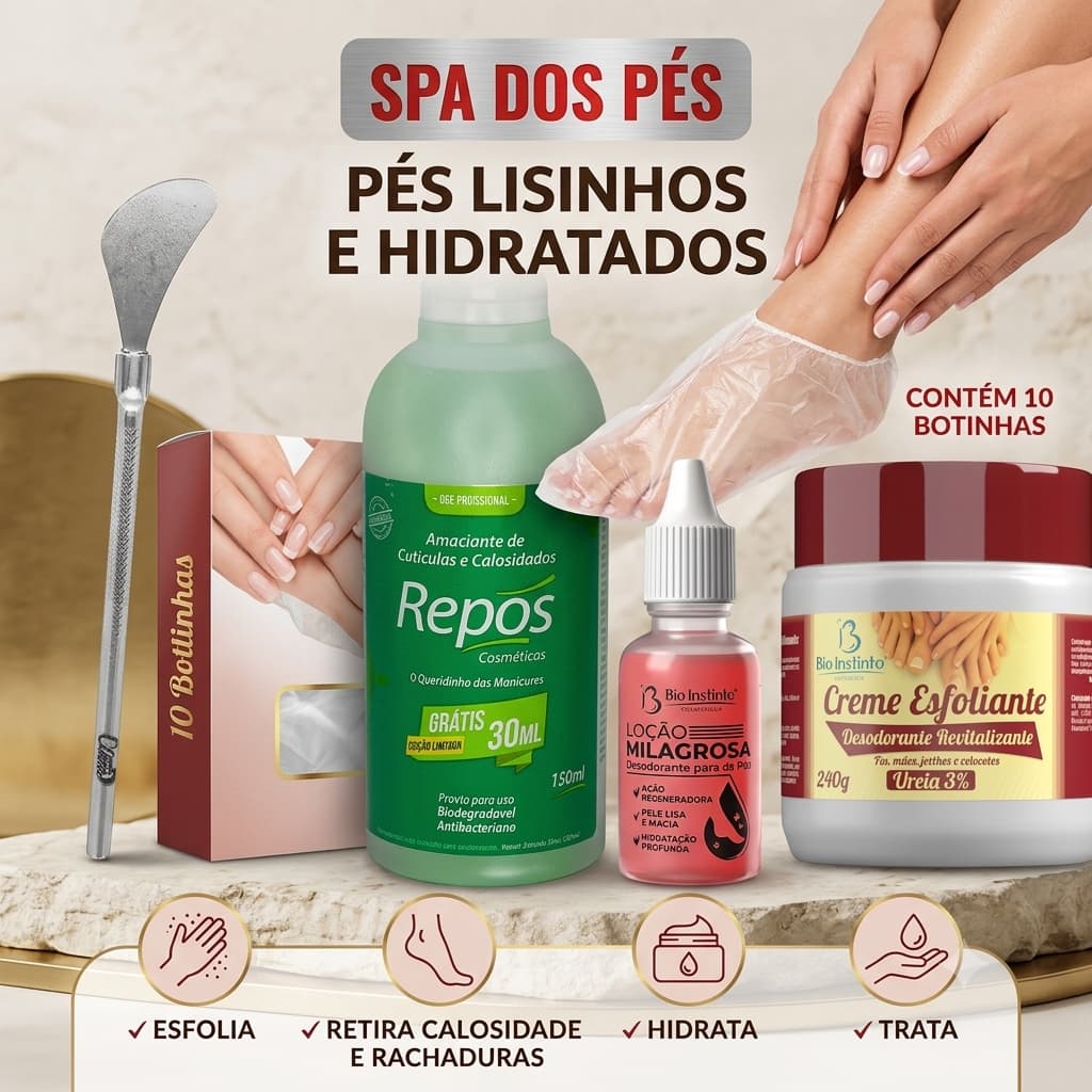 Kit Spa dos Pés  | Repôs 150ml + Loção Milagrosa  +Creme Esfoliante 240g Espátula Inox 222 ️ + 10 Botinhas