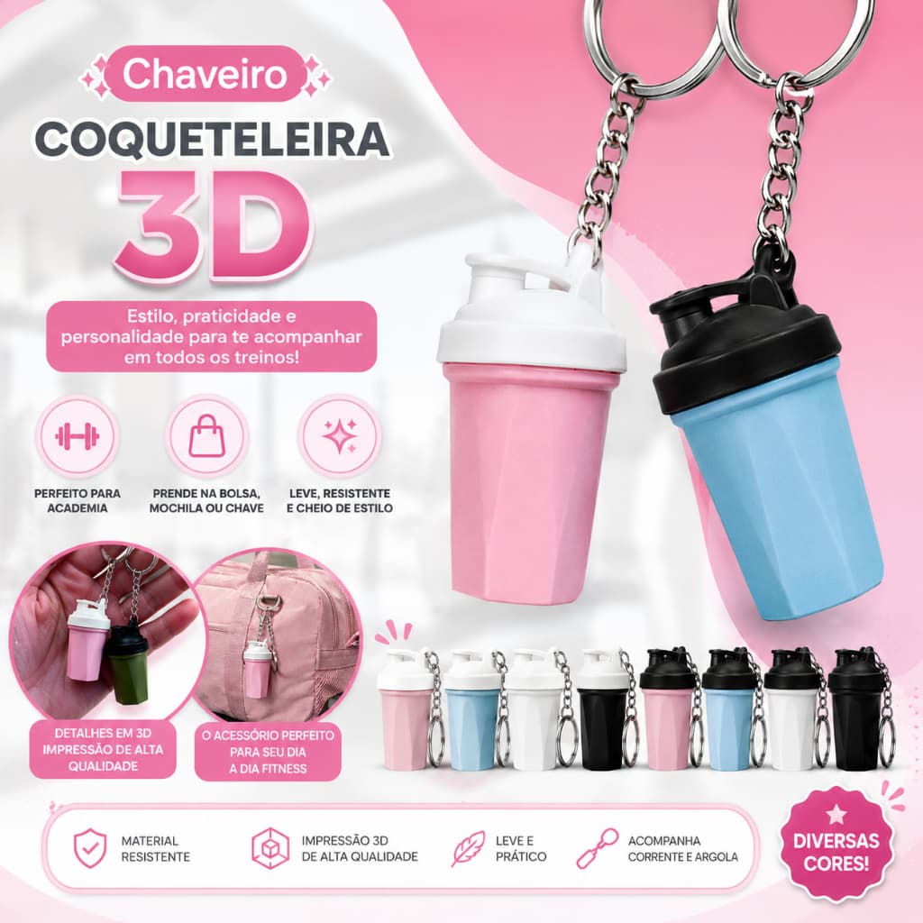 Chaveiro Coqueteleira 3D Mini Shakeira Faz Barulho Academia Fitness
