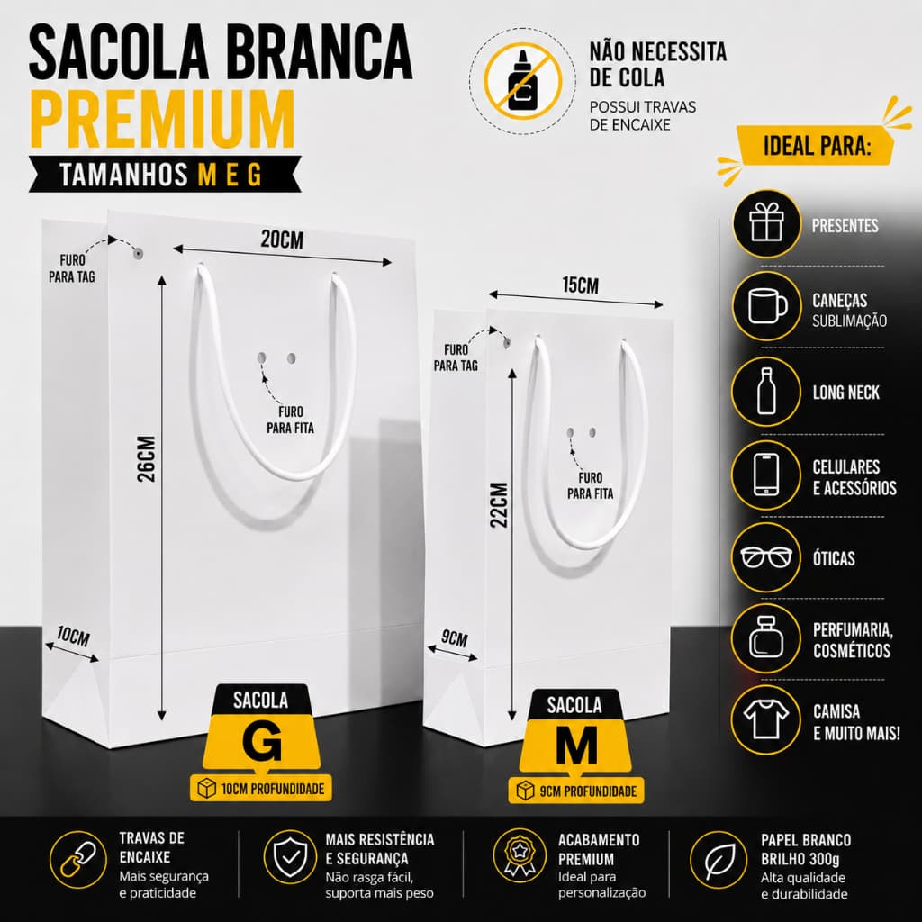 10 Sacola Branca Premium com Alça de Cordão Reforçada de Alta Gramatura 300 gramas