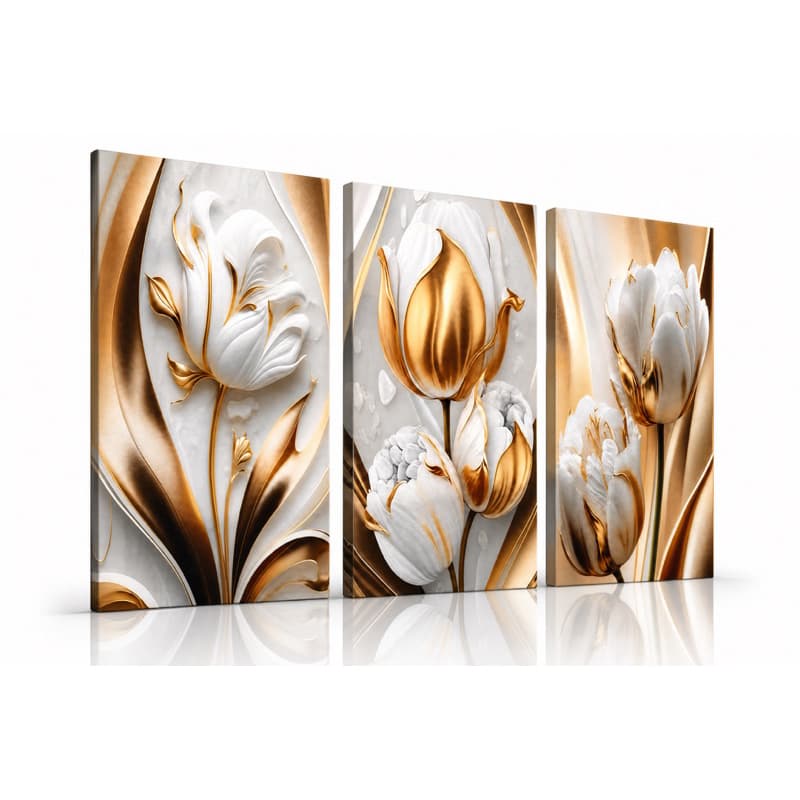 Trio Elegance: Quadros Flor de Algodão e Tulipas Várias Cores ; Flor dourada, azul, Branco,preto