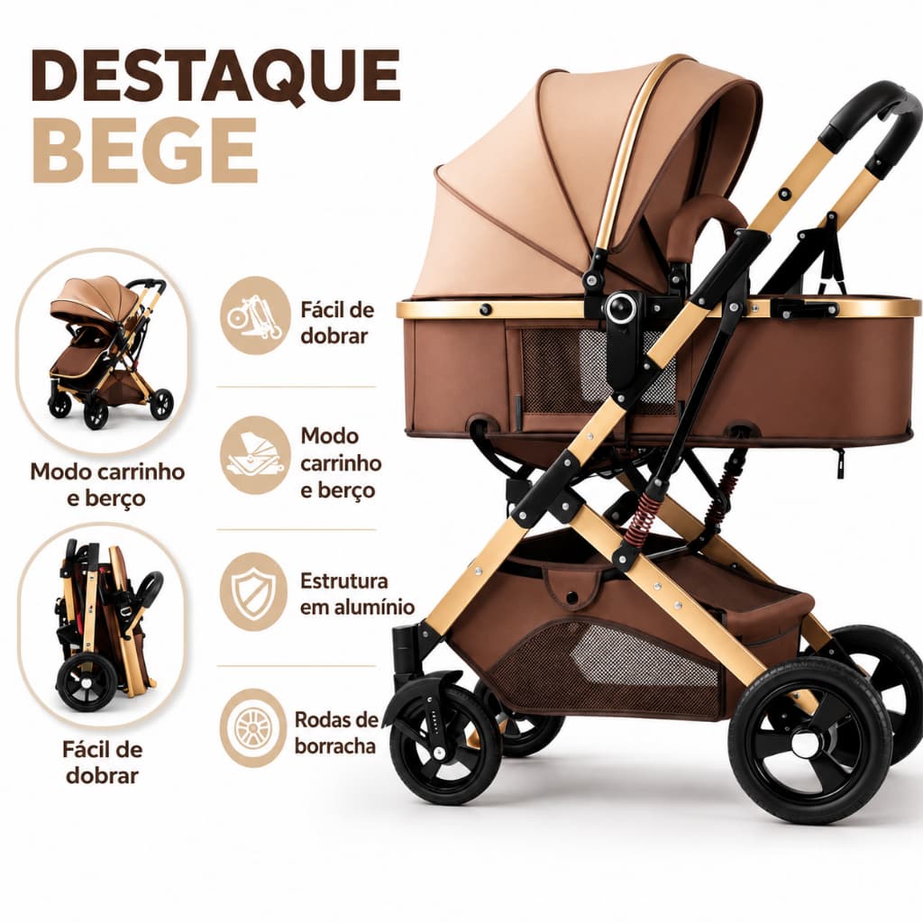 Carrinho de Bebê 2 em 1 Dobrável Reversível com Moisés Capota Ajustável Amortecedor