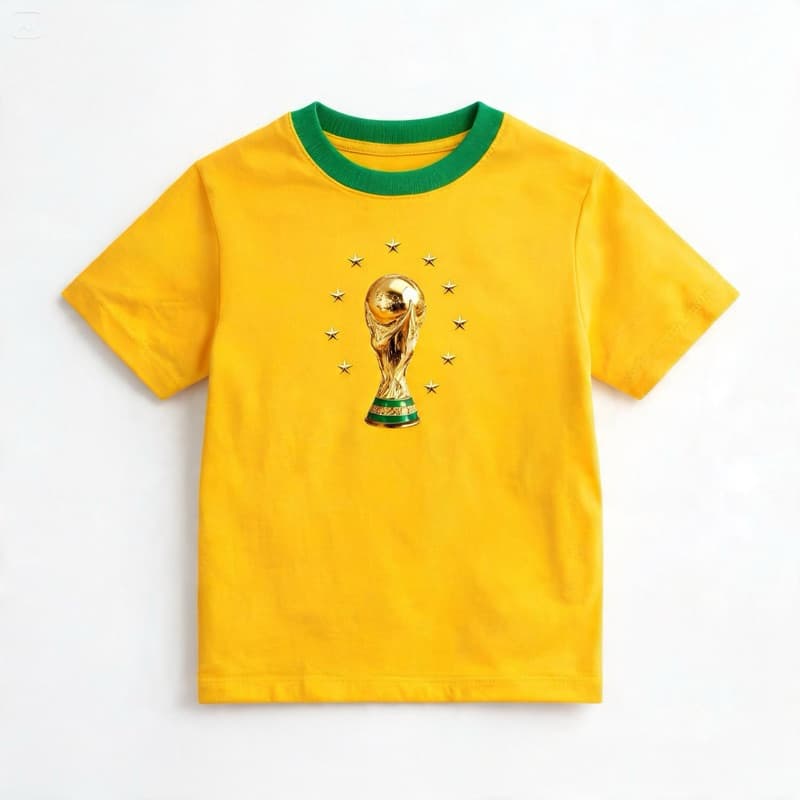 Camiseta Infantil Minha Primeira Copa Brasil Algodão, Amarela, Verde, Azul, Taça, Hexa