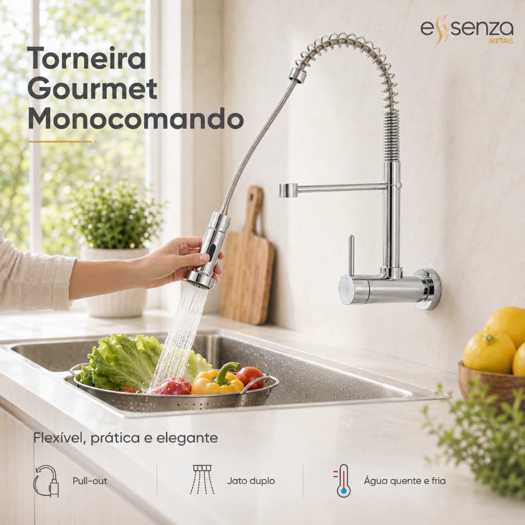 Torneira Gourmet Cozinha Essenza Monocomando Flexível Bancada Parede Preta Prata 2 Jatos