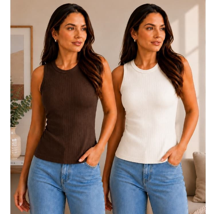 Kit 2 Regatas Feminina Canelada Gola Redonda Blusinha Justinha Alça Larga Sutiã Moda Casual