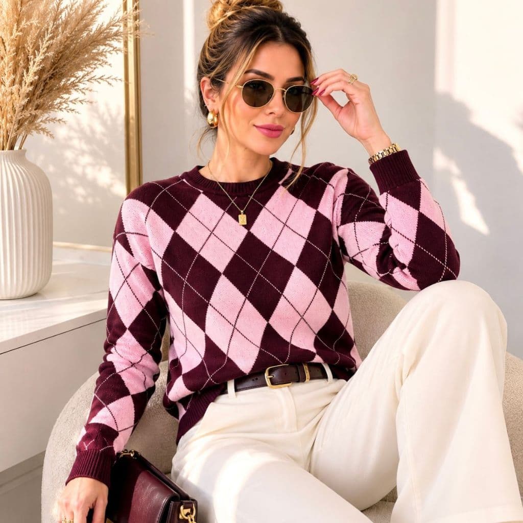 Blusa Tricot Estampa Geométrica Elegante com Mangas Compridas Inverno Blusa de Frio
