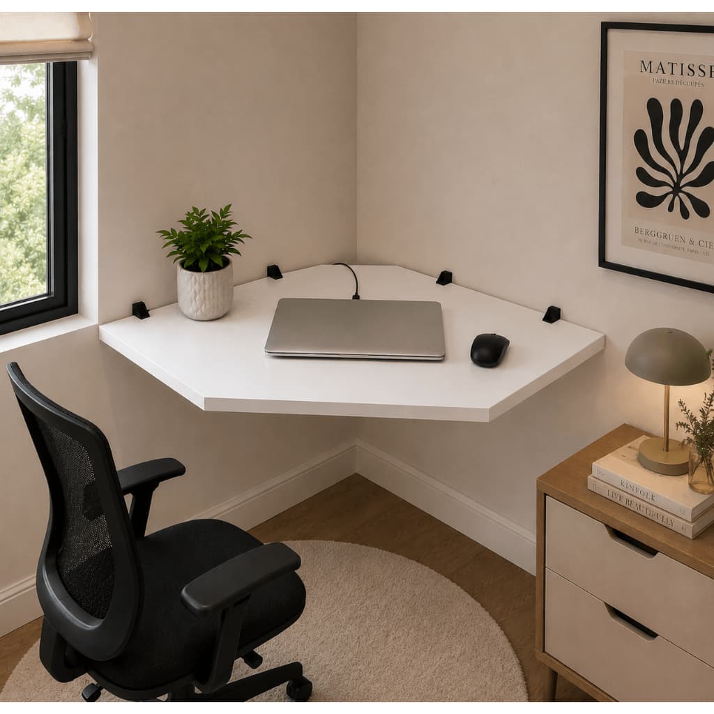 Bancada de Canto Suspensa 84cm Home Office Escrivaninha de Parede MDF Branco/Preto